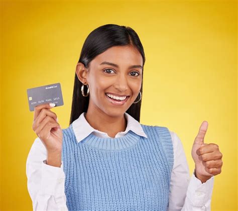 Premium Photo Credit Card Thumbs Up And Portrait Of Indian Woman On