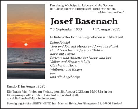 Traueranzeigen Von Josef Basenach Saarbruecker Zeitung Trauer De