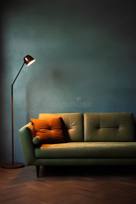 Green Sofa and Floor Lamp in Living Room. 3D Render Stock Illustration ...