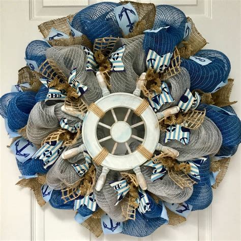 Nautical Captains Wheel Coastal Wreath Handmade Deco Mesh Nautical