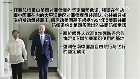 美国之音中文网 On Twitter 美国总统拜登与菲律宾总统小马科斯5月1号在白宫举办双边会谈。会后双方发表联合声明，拜登重申若菲律宾在包括南中国海等地区遭受攻击，将启动共同防御承诺