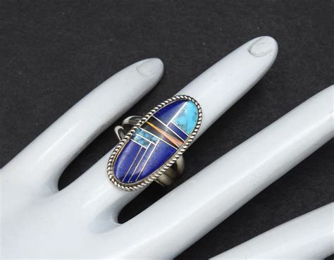 Vintage Silvia Chee Ring Navajo Inlay Lapiz Solid Gem