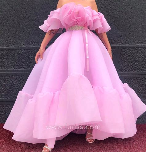 Ruffled Off The Shoulder Pink Organza Cute Prom Dress Lunss