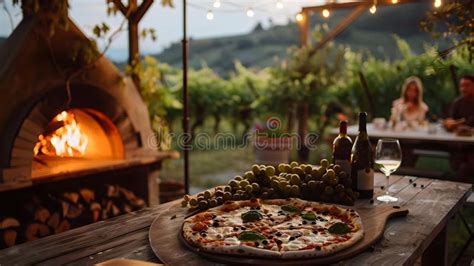 Cozy Outdoor Dining With Wood Fired Pizza Rural Vineyard Backdrop