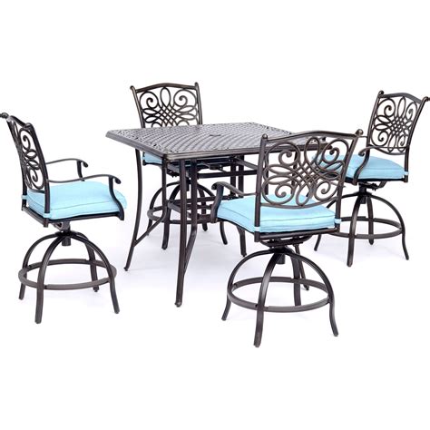 Hanover Traditions 5 Piece Outdoor High Dining Set With Square Cast Top Table And 4 Tall Swivel