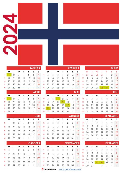 Norsk Kalender 2024 Utskriftsvennlig By Calendarena Medium