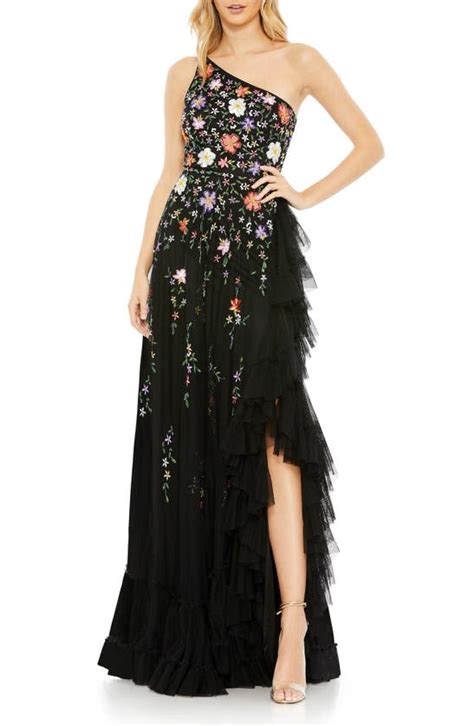 Mac Duggal Floral Embroidered One Shoulder Gown In Black Multi Modesens