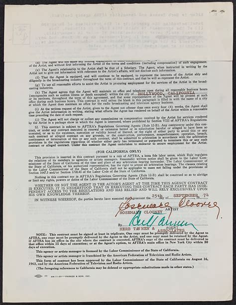 Lot Detail Rosemary Clooney Signed Contract With Her Agent Herb