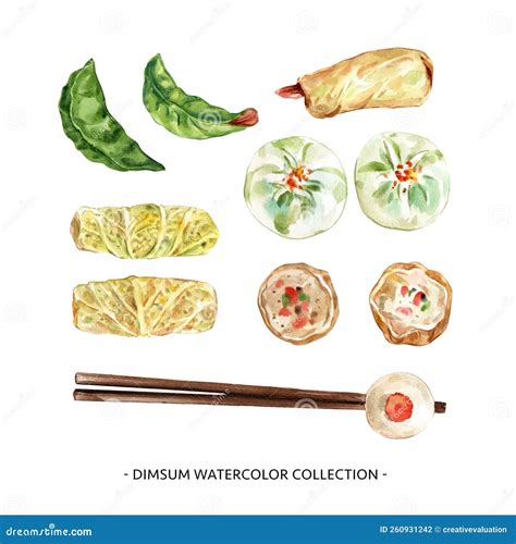 Set Of Watercolor Dim Sum Illustration On White Background For