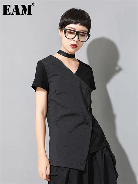 Eam Women Black Irregular Slit Color Block Big Size T Shirt New V Neck Short Sleeve