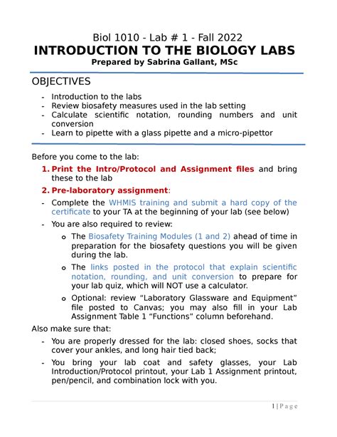 Lab Introduction And Protocol F Biol Lab Fall