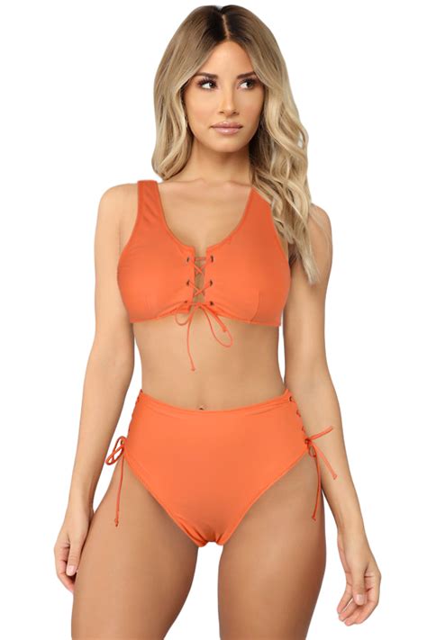 Us Orange Lace Up High Waist Bikini Wholesale