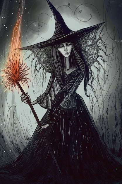 Premium Ai Image A Witch With A Red Feather On Her Hat Holds A Broom