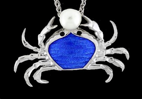 Crab Necklace Blue Enamel Sterling Silver Pearl Kaleidoscope Effect