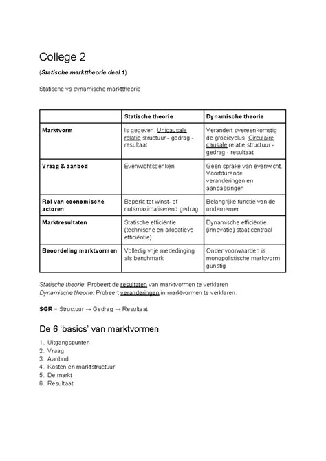 College 2 Samenvatting College 2 Statische Markttheorie Deel 1