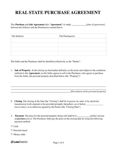 Free Real Estate Purchase Agreement Free Pdf Word Lawdistrict