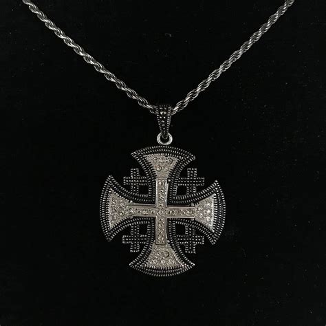 Jerusalem Cross Necklace with Gemstones Multi Layers (L). Sterling Sil ...