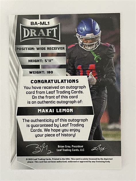 Leaf Draft Autographs Ba Ml Makai Lemon Au C Rc For