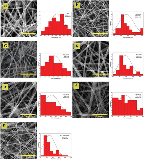 SEM micrograph of prepared scaffolds: (a) PCL (413 ± 90 nm average ...