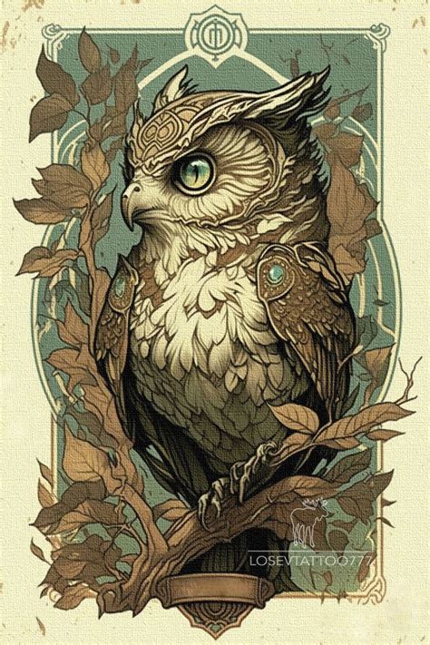 An Owl Sitting On Top Of A Tree Branch With Leaves Around It S Neck