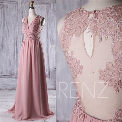 2016 Mauve Bridesmaid Dress Long Ruched V Neck Wedding Dress Lace