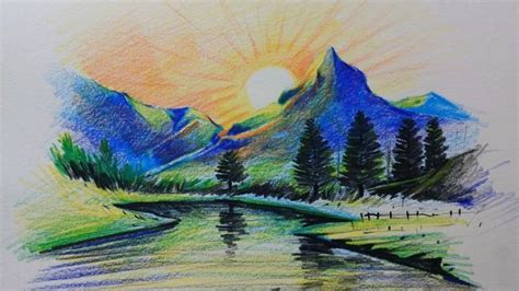 Color Pencil Drawing Tutorial: Mountain Lake Sunset