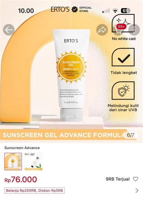 New Ertos Sunscreen Gel Advanced Formula Kesehatan Kecantikan