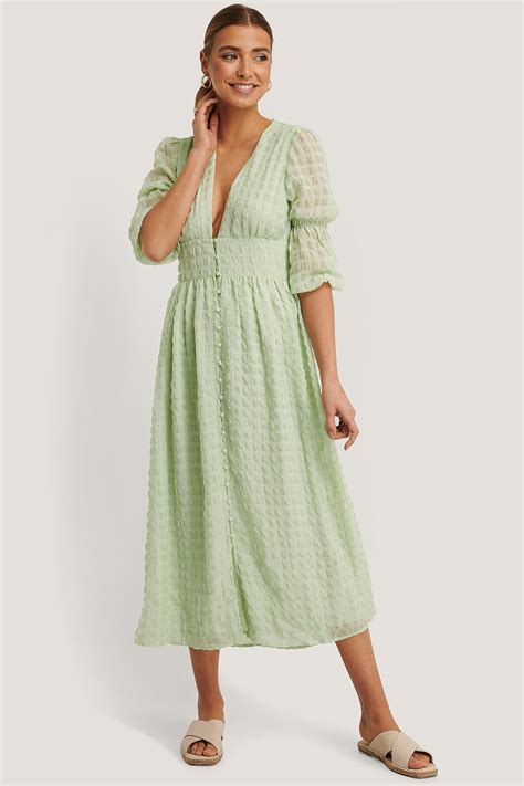 V Shape Flowy Puff Sleeve Dress Green Na Kd