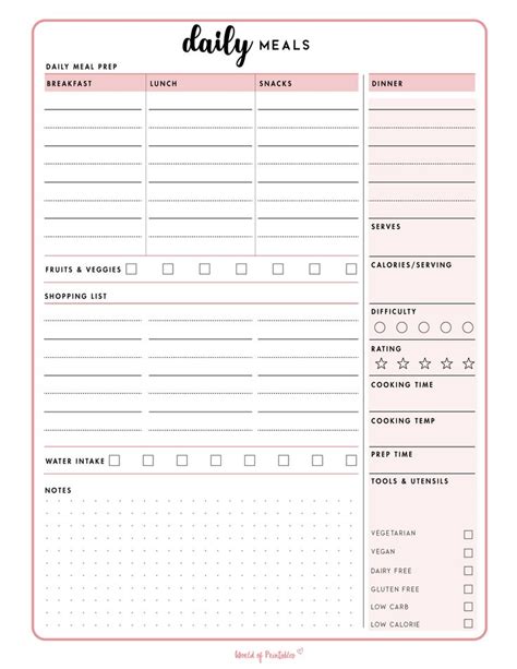 The Daily Meal Planner Printable Is Shown In Pink And White With Dots On It