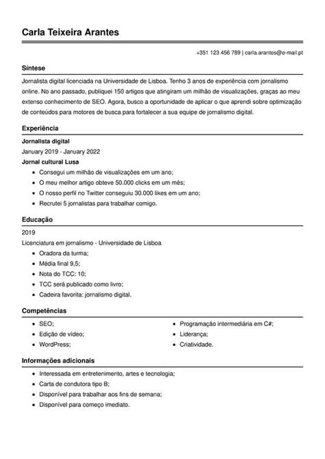 Currículo Europeu Modelo De Cv No Formato Da Europa