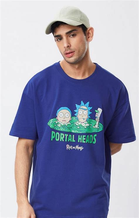 Mens Rick And Morty Portal Heads Blue Printed Oversized T Shirt