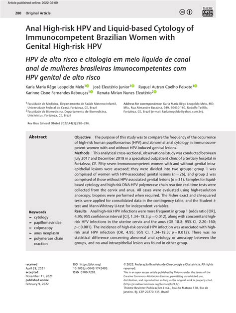 PDF Anal High Risk HPV And Liquid Based Cytology Of Immunocompetent