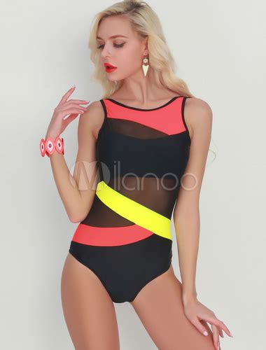 Illusion Tankini Swimsuit Patchwork Two Tone One Piece Womens Bathing