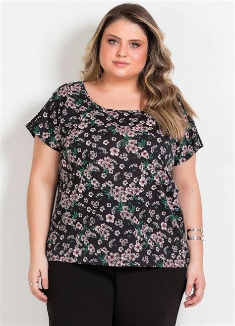 Blusa Floral Poá Com Mangas Curtas Plus Size Marguerite