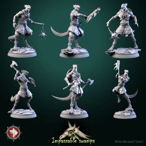 3d Printable Lizardfolk Warriors Set 6 Miniatures 32mm Pre Supported By