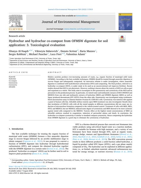 PDF Hydrochar And Hydrochar Co Compost From OFMSW Digestate For Soil