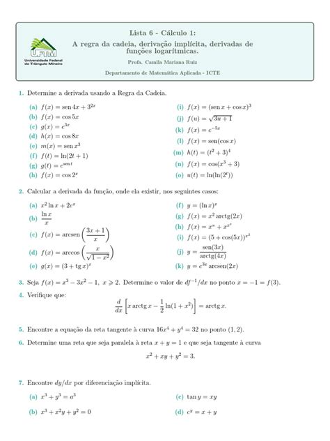 Lista 6 Derivadas A Regra Da Cadeia Derivacao Implicita Derivadas