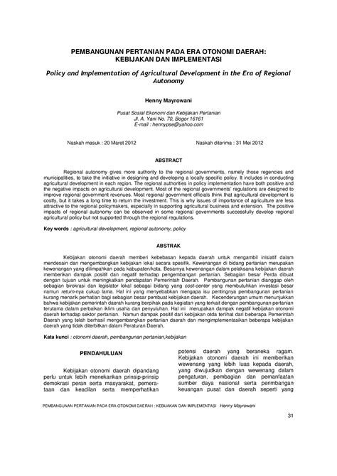 Pembangunan Pertanian PADA ERA Otonomi Daerah Kebijakan DAN