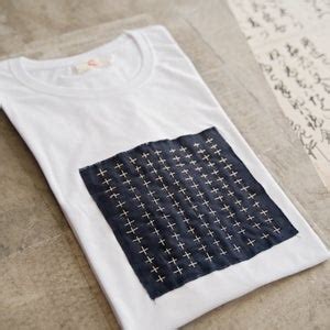 White T Shirt With Unique Handmade Sashiko Stitching 100 Cotton