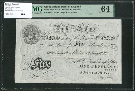 Bank Of England C P Mahon 5 12th July 1928 PMG 64 Choice UNC M