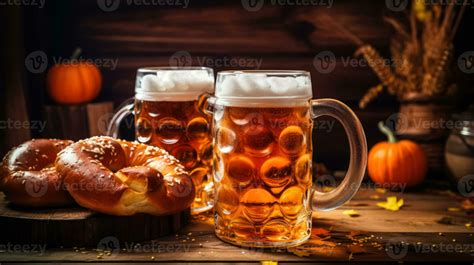 Giant Pretzel And Frothy Beer Mugs On A Rustic Wooden Table At