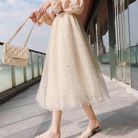 Onlywong Korea Style Spring Summer Women Pleated Skirt Star Sequined