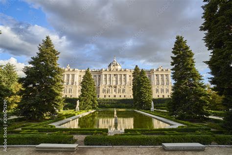 North facade of Royal Palace of Madrid (Palacio Real) at sunset. View ...