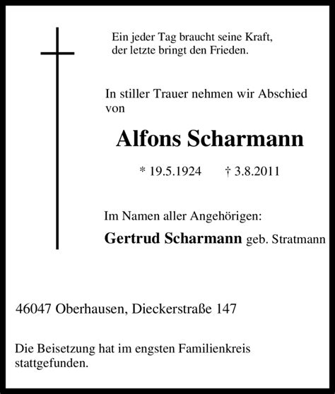 Traueranzeigen Von Alfons Scharmann Trauer In Nrw De