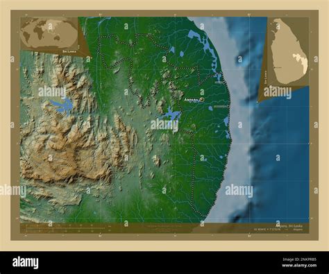 Ampara District Of Sri Lanka Colored Elevation Map With Lakes And