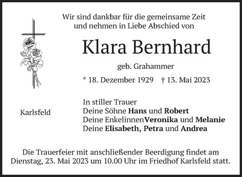 Traueranzeigen Von Klara Bernhard Trauer Merkur De