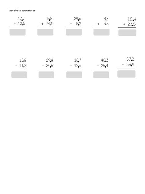 Sumas Y Restas Con Punto Decimal Pdf