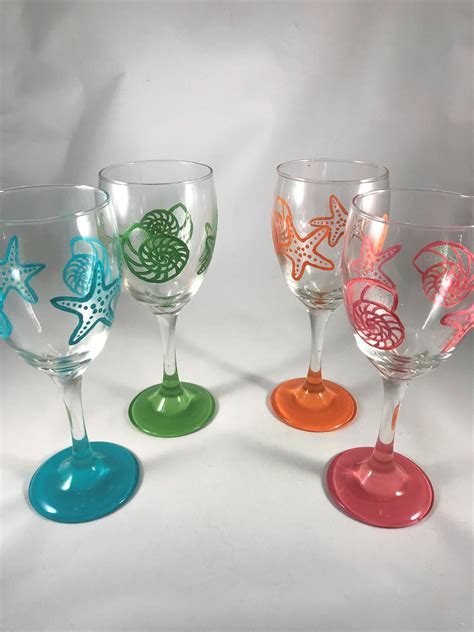 Shells And Starfish Wine Glass Is Hand Painted Tropical Beach Decor