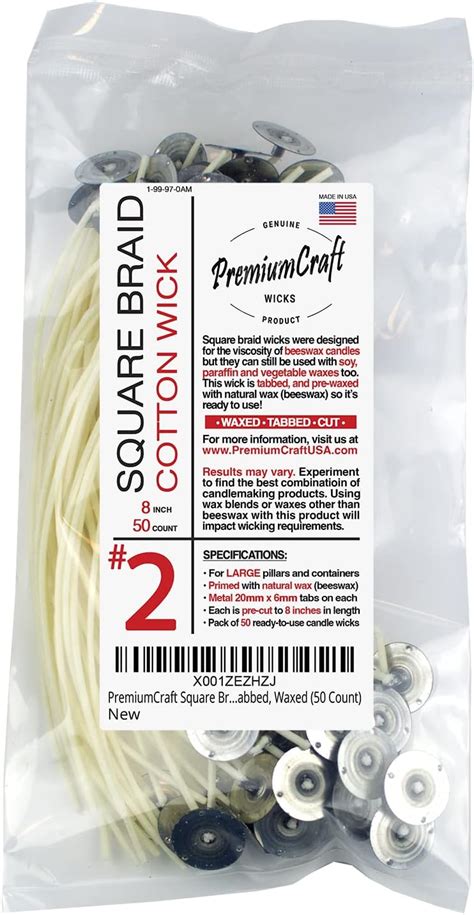 Premiumcraft Square Braid Cotton Candle Wick 6 Tabbed Waxed 50 Count