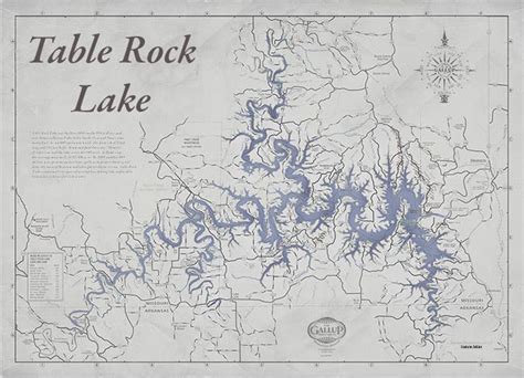 Table Rock Lake Map Vintage Decorator Gray With Antique Blue Water With Mile Markers Etsy